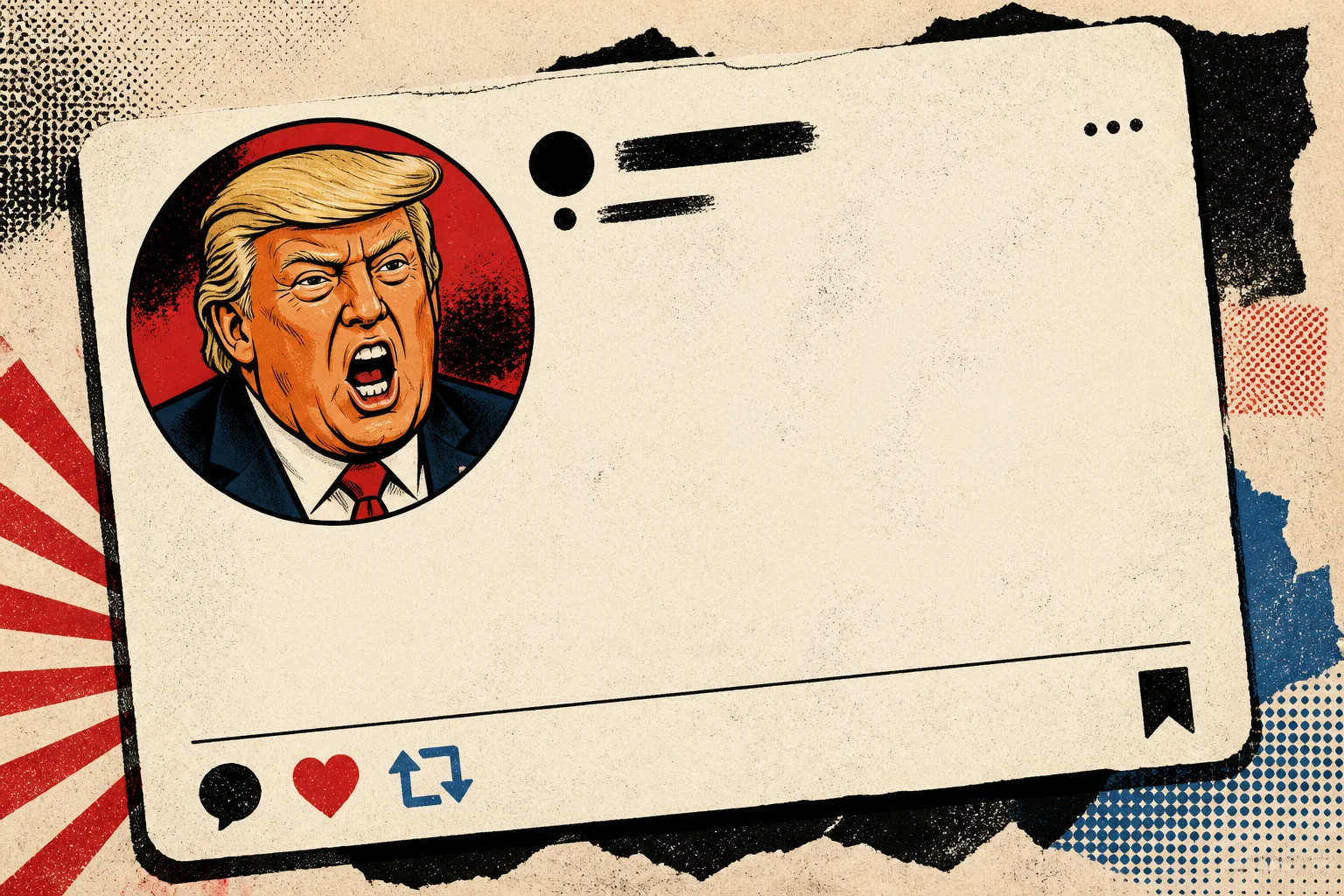 Punk-zine illustration of a fictional social post with a cartoon caricature of Donald Trump as its oversized avatar.